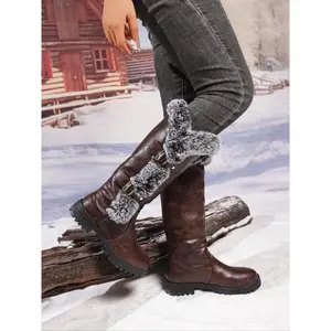Women's Fashion Fuzzy Winter Warm Boots, Plain PU Leather Mid-Calf Snow Boots, Waterproof Non-Slip Rubber Sole, Christmas Shoes