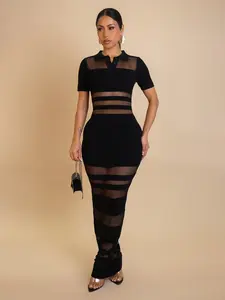 1 Piece Women's Summer Knit Dress, Colorblock Polo Neck Fitted Skirt, High Waist Bodycon Slimming Dress, Breathable Fabric for Casual Style