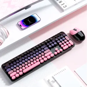MOFii 1 Set Dual-Mode Keyboard and Mouse Combo, Blackberry Gradient Round Keycaps, Rechargeable Wireless Keyboard, High-Appearance Office Keyboard Mouse for Girls, Universal for Laptop and Desktop, US Qwerty