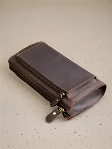 Men's Genuine Leather Wallet, Long Zipper Design, Vintage Large Capacity, Casual Cowhide Handbag, All Seasons Use, Durable Fashion Wallet