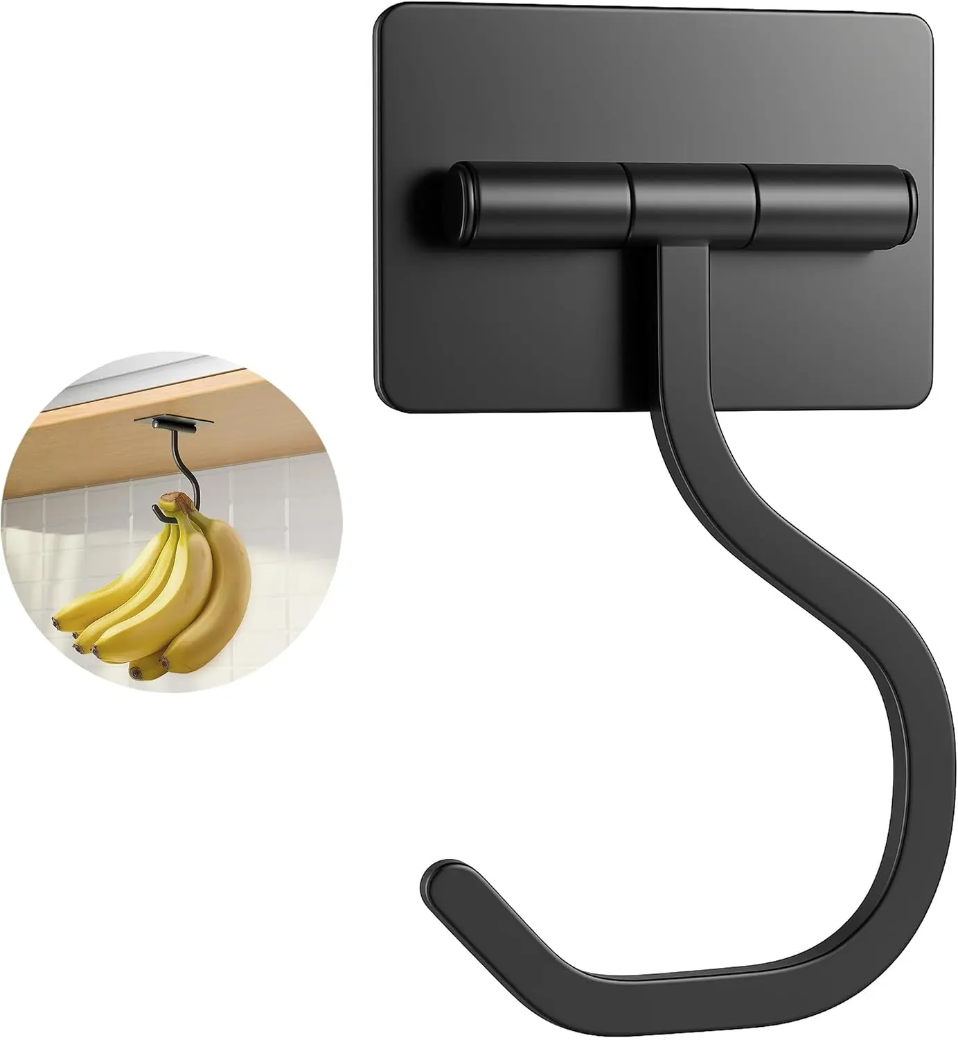 Banana Hook Under Cabinet Adhesive, Holds 20 Bananas, Black, 1 Pack | Banana Holder, Small Banana Hook, Under Counter Banana Hanger,Metal, Keeps Bananas Fresh