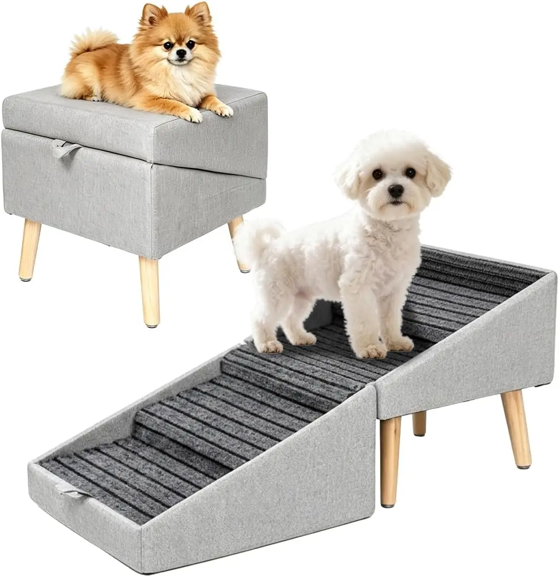 2-in-1 Design Foldable Split Ottoman Dog Ramp-Stairs, 13.5 Inches High Non-Slip Wooden Pet Accessory for Small Senior Dogs, Living Rooms, Bedrooms, Easy to Clean