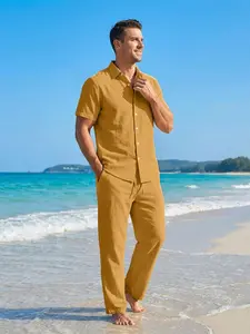 Men's Casual Linen Shirt and Pants Set, Short Sleeve, Loose Fit, Breathable, Comfortable, Ideal for Commute and Vacation