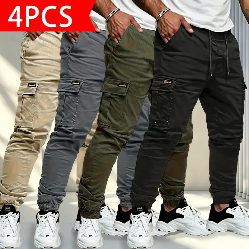 Men’s Cargo Joggers - 4PCS Multi-Pocket Casual Streetwear Cargo Pants, Elastic Waist & Cuffs, 4-Color Pack, Ideal for Daily Wear & Outdoor Activities, Men's Cargo Pants
