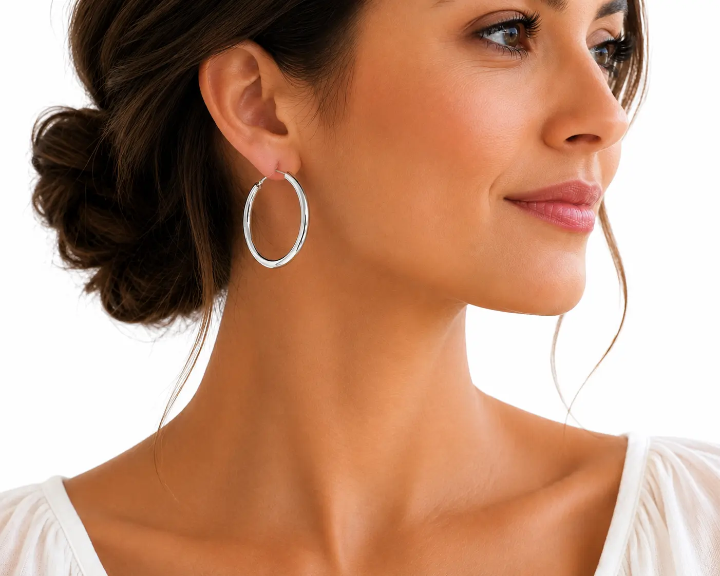 925 Sterling Silver Classic Hoop Earrings for Women 50mm, Semiprecious Stone Jewelry Accessory