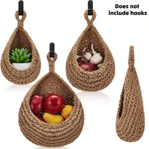 Hanging Fruit Baskets for Kitchen, 3 Pack Wall Hanging Basket, Handwoven Hanging Holder, Teardrop Home Produce Basket, Vegetable Hanging Basket