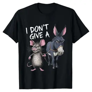 Funny "I Don't Care" Mouse and Donkey Graphic T-Shirt - 180g Cotton Vintage Loose Short Sleeve Crew Neck Casual T-Shirt, Machine Washable Humor Design graphic design unisex cotton t-shirt Unisex Vintage Streetwear T-Shirt