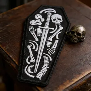 Skull Coffin Goth Embroidered Patch, Back Adhesive Iron-On, Suitable for Clothes Jackets Hats Accessories, Decorative Fabric Applique