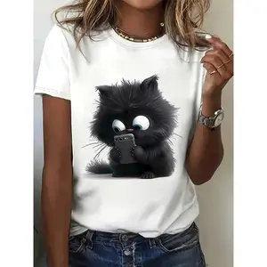 Women's Cute Cartoon Cat Graphic Tee for Phone Lovers - Soft & Lightweight Short Sleeve with Round Neck, Playful Kitty Print for Casual Street Style, Tech Aesthetic Outfits and Comfy Everyday Wear