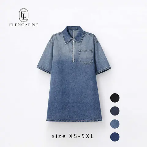 Elengatine Women's Oversized Retro Cotton-Drape Denim Dress - Vintage Washed Blue, Half-Zip Collared, Short Sleeve, 1 Chest Pocket, Loose Fit, Plus-Size (XS-5XL) for Everyday, Street Style (Spring,Summer)