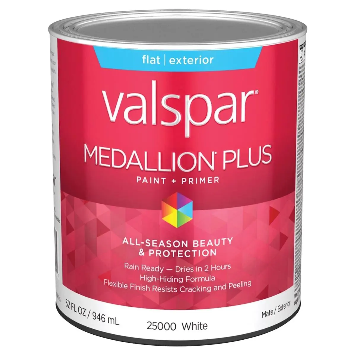 Valspar 1 qt Medallion Plus Acrylic Latex Exterior House Trim Paint & Primer - White, High Hiding Power, Washable, Easy Cleanup, Mildew-Resistant Finish, Prevents Cracking and Peeling, Rain Ready in 2 Hours