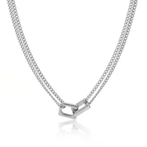 Sleek Interlocking Square Design Silver Double Chain Necklace for Women, Titanium Steel Adjustable 19-21" Cuban Link Pendant, Minimalist Everyday Layering Jewelry Gift