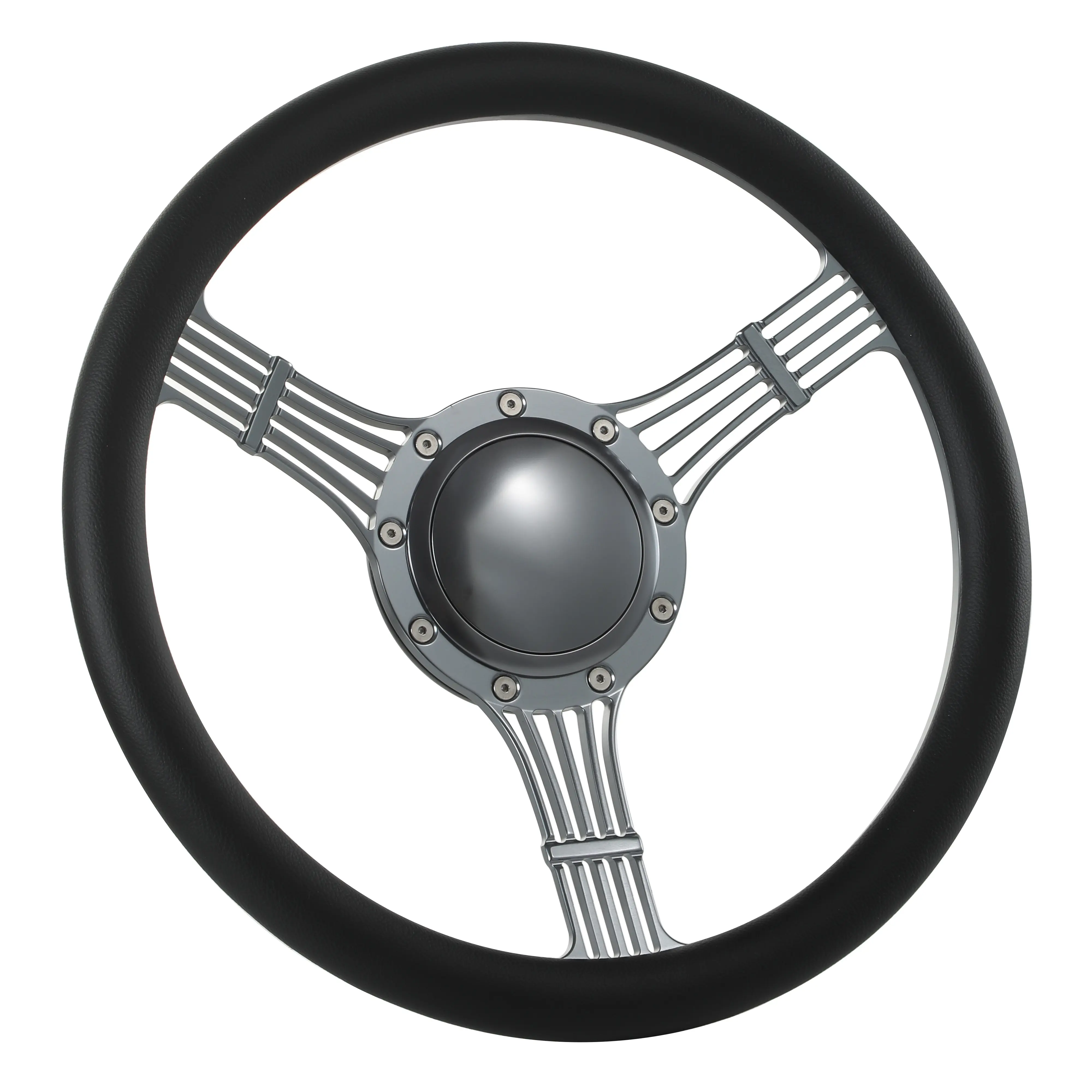 14" Billet Aluminum Gun Metal Black Steering Wheel with Horn Control, Aftermarket Fit for Ranger, GM, Chevy Impala