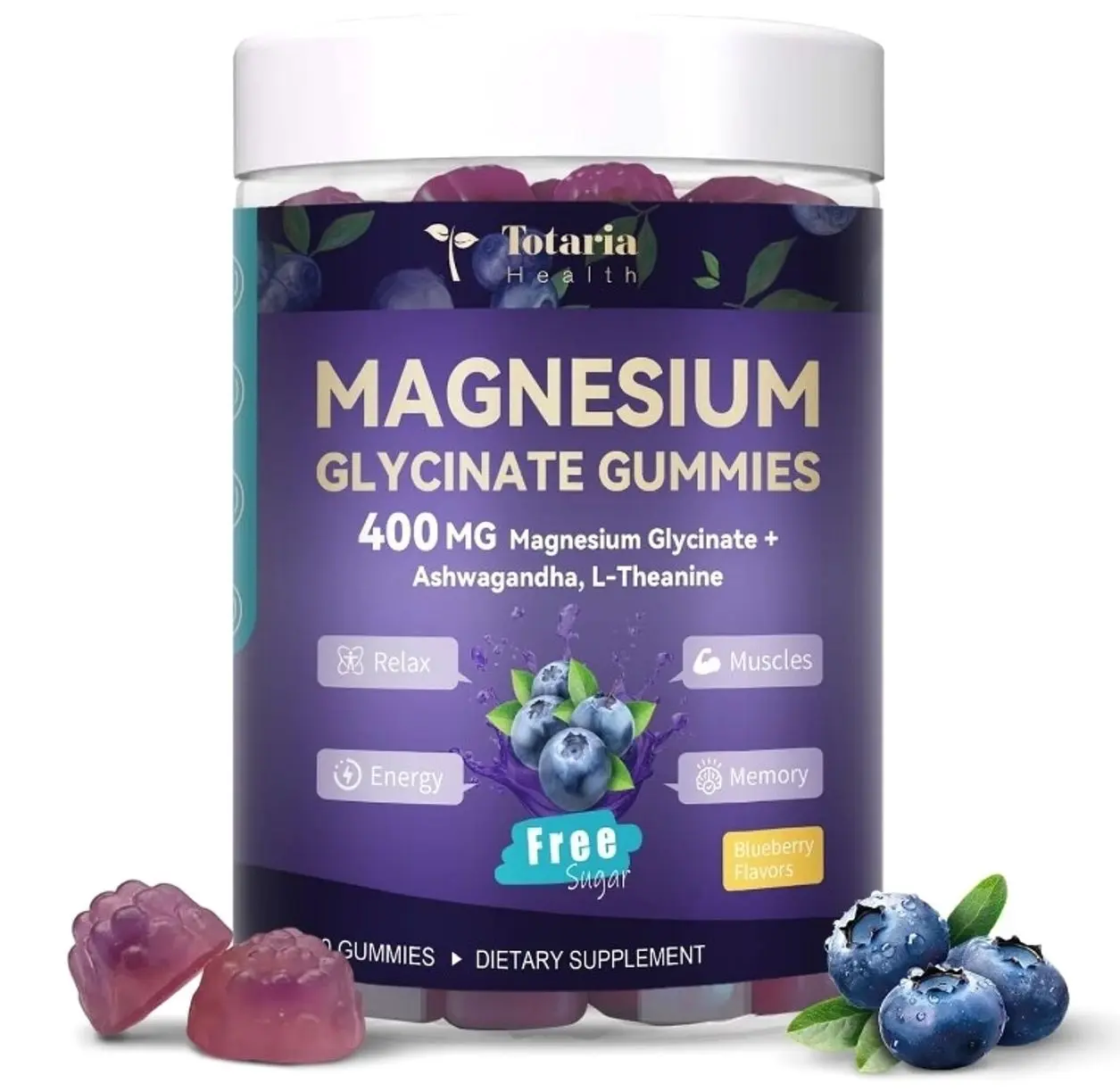 Magnesium Glycinate Gummies 400mg - Magnesium Complex Gummy with Malate, Taurate & Citrate - Supports Sleep, Relaxation, Brain & Muscle - 60 Count Blueberry Flavor (Sugar Free & Vegan)
