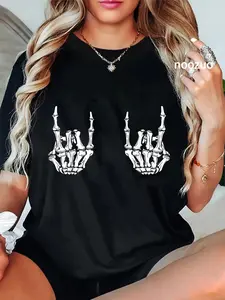 100% Cotton Rock On Rock Star Skeleton Hands Rocker Funny Halloween T-Shirt