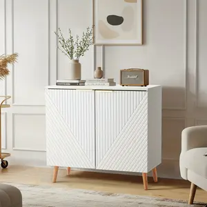 Modern Fluted Sideboard Cabinet, Multi-Scenario Storage with Adjustable Shelves & Wood Doors, Entryway Buffet Console for Dining Room, Living Room, Hallway, Space-Saving Design in White/Black