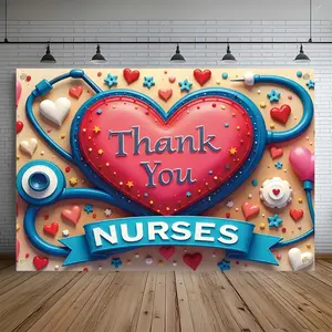 1pc Reusable Polyester Nurse Appreciation Banner - 2D Flat Stethoscope & Heart Themed Backdrop with Thank You Nurses Sign, Durable Home & Party Decor for Hospitals, Photo Booths, Birthday Celebrations