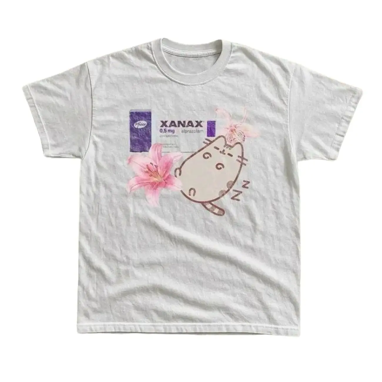 iral Xanax Pusheen Parody Tee, Cute Sleepy Cat Graphic T-Shirt, Kawaii Aesthetic Tee, Coquette Shirt, Soft Girl Graphic Tee, Pink Floral Shirt, Y2K Unisex Oversized Tee 4
