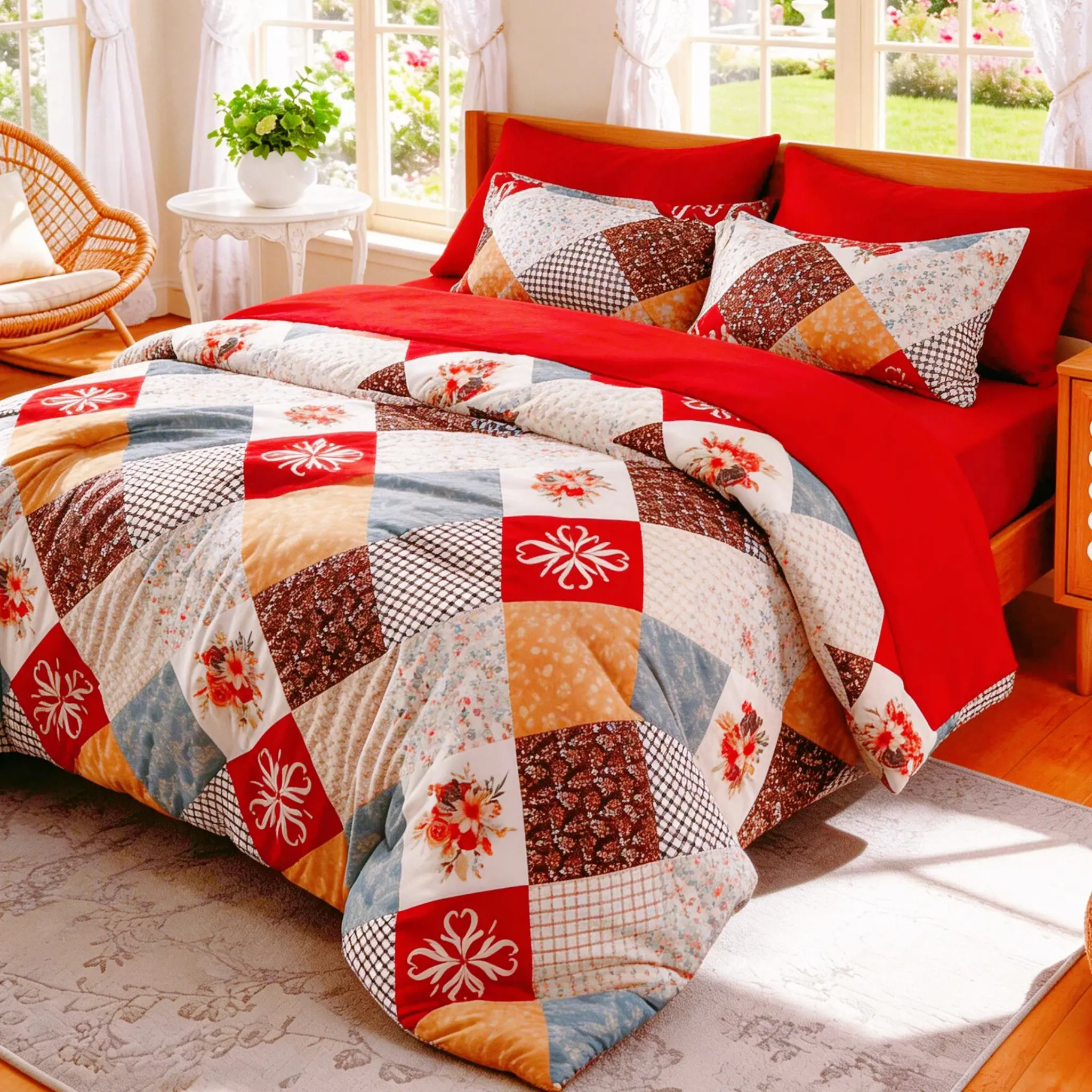 Cosybay 7pcs Boho Comforter Set Queen Size include 1 comforter 1 flat sheet 1 fitted sheet 4 pillowcases Bed in a Bag Bohemian Striped Bedding Quilt Set Burgundy Floral Comforter and Sheet Set Machine washable  #Summervibes