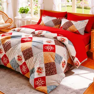 Cosybay Vintage Patchwork Design Comforter Set-7pcs Boho Comforter Set Queen Size include 1 comforter 1 flat sheet 1 fitted sheet 4 pillowcases Bed in a Bag Bohemian Striped Bedding Quilt Set Burgundy Floral Comforter and Sheet Set Machine washable