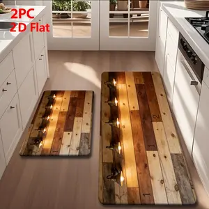 2/3pcs Soft Flannel Kitchen Mat Set, Vintage Wood Board Design, Non-Slip Bottom, Absorbent, Rustic Farmhouse Style