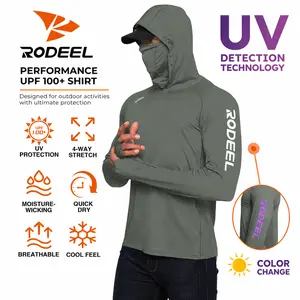 【FathersDayGift】RODEEL 936 Sun Hoodie Shirts w/ UV Detection Logo Mask Neck Gaiter Thumbhole Men UPF 100+ Sun Protection Long Sleeve Lightweight Quick Dry Moisture Wicking Breathable Athletic Activewear for Outdoor Fishing Boating Roofing, SummerVibes