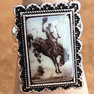 Vintage Western Cowboy Adjustable Cuff Ring Pendant 1 x 0.65 Inches with Detailed Rodeo Scene