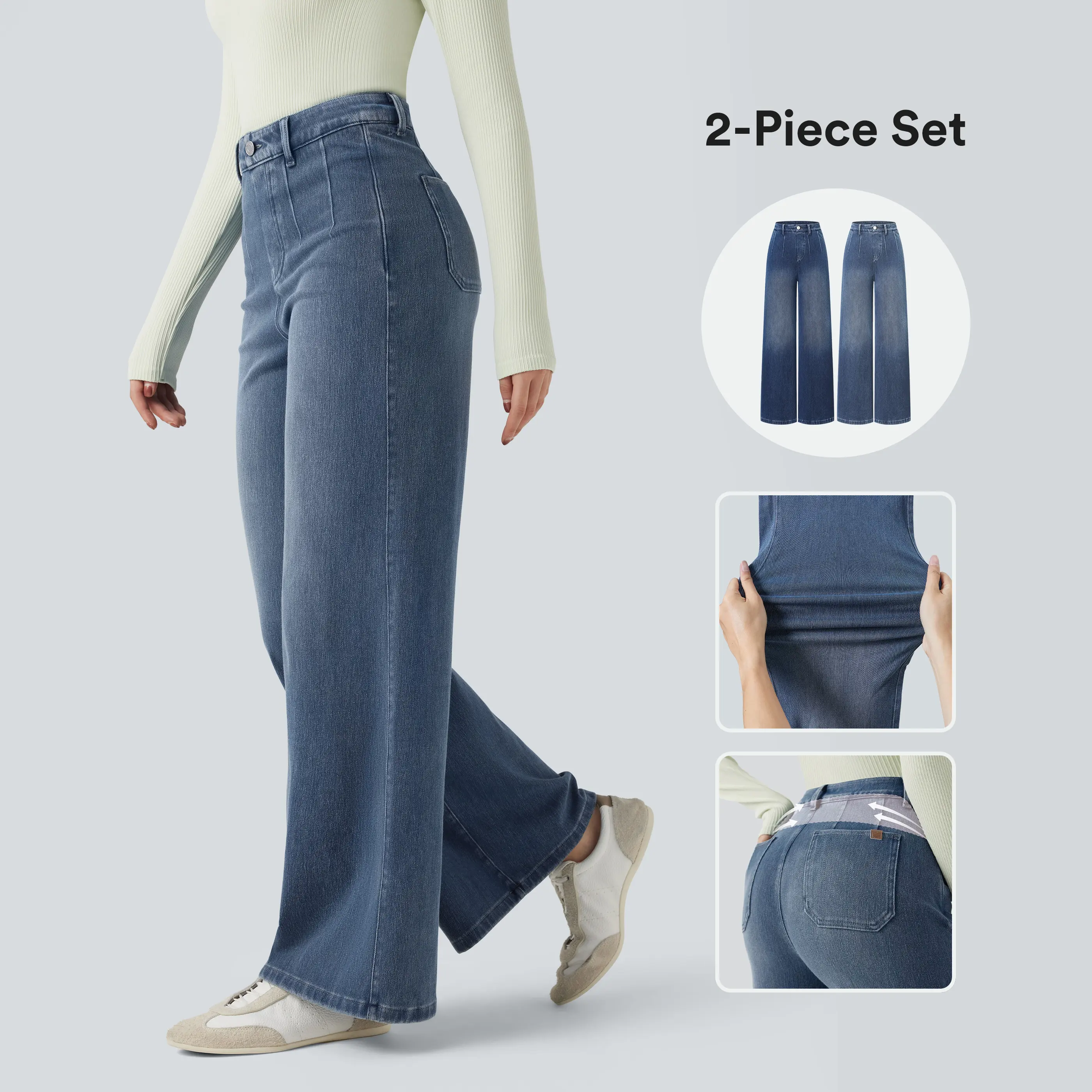 Halara 2-Piece Flex High Waisted Tummy Control Wide Leg Casual Jeans with Pockets Set #BackToSchool