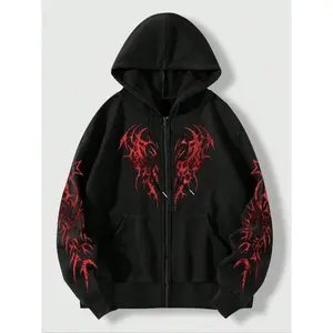 Men's Printed Zipper Fleece Hoodie Jacket Hoodie, Casual Style, Moderate Fabric Thickness, Fitted Design, Fall & Winter Wear