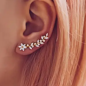 Sparkling Cubic Zirconia Leaf Vine Climber Earrings for Women,Floral Design Copper Base, Artificial Gemstone Inlay, Hypoallergenic Ear Crawler Jewelry