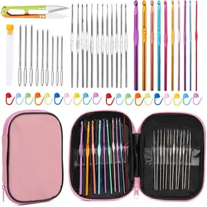 54 count Crochet  Set, Crochet Hooks Kit with Storage Case,  Knitting  Blunt  Stitch Marker DIY Hand Knitting Craft Art Tools for Beginners-Pink