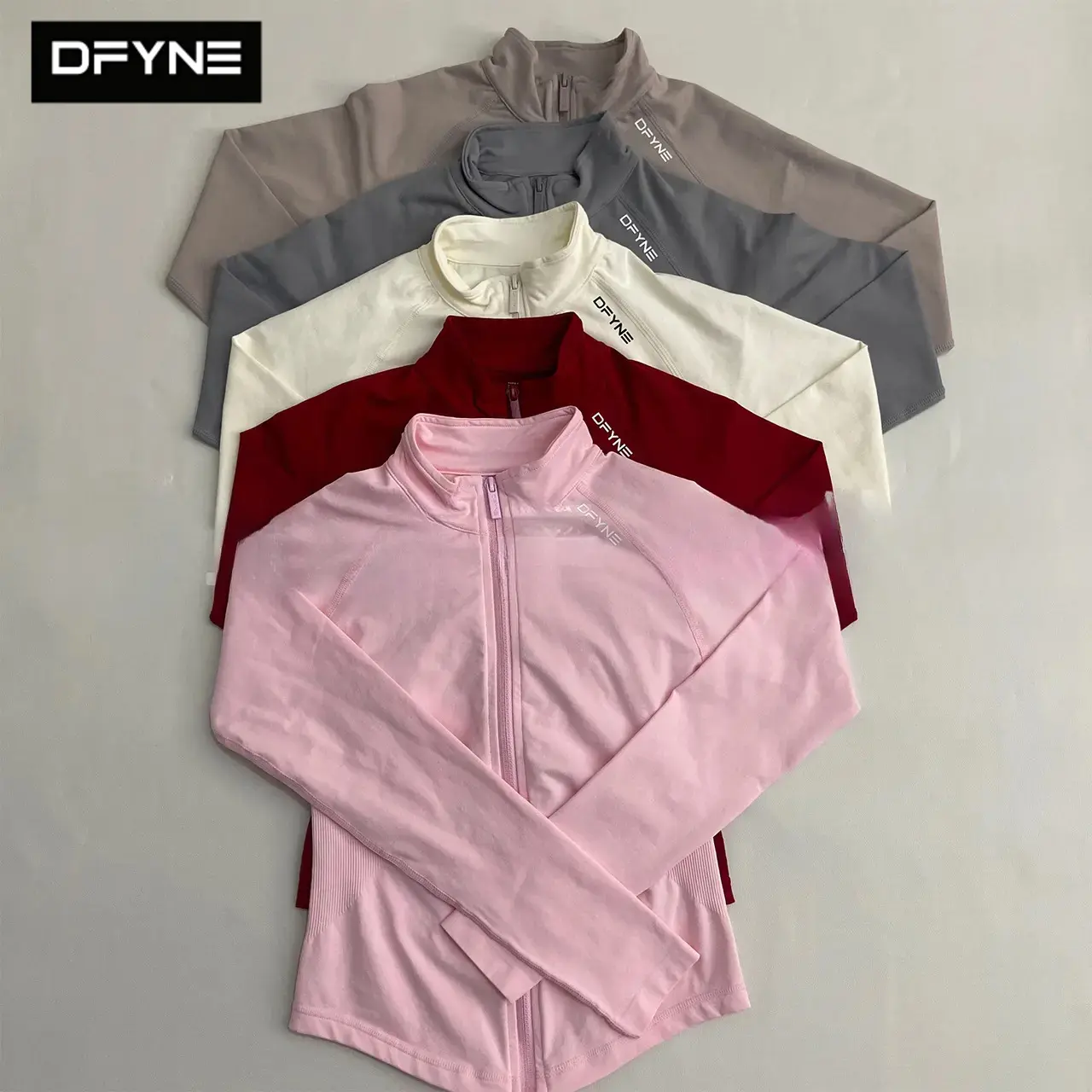 DFYNE Women Full Zip Fitted Gym Jacket - Stand Collar Matte Soft Athletic Running Long Sleeve, Body Sculpting Slim Fit Workout Outerwear, Waist Snatching Gym Zip Up Top for Women Yoga Pilates