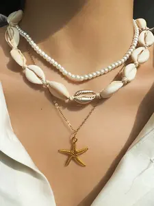 Three piece set for casual, personalized, trendy, Bohemian ocean vacation style, starfish, seashells, rice beads, multi-layer necklace accessories suitable for daily beach vacations, wearing women's bead necklaces