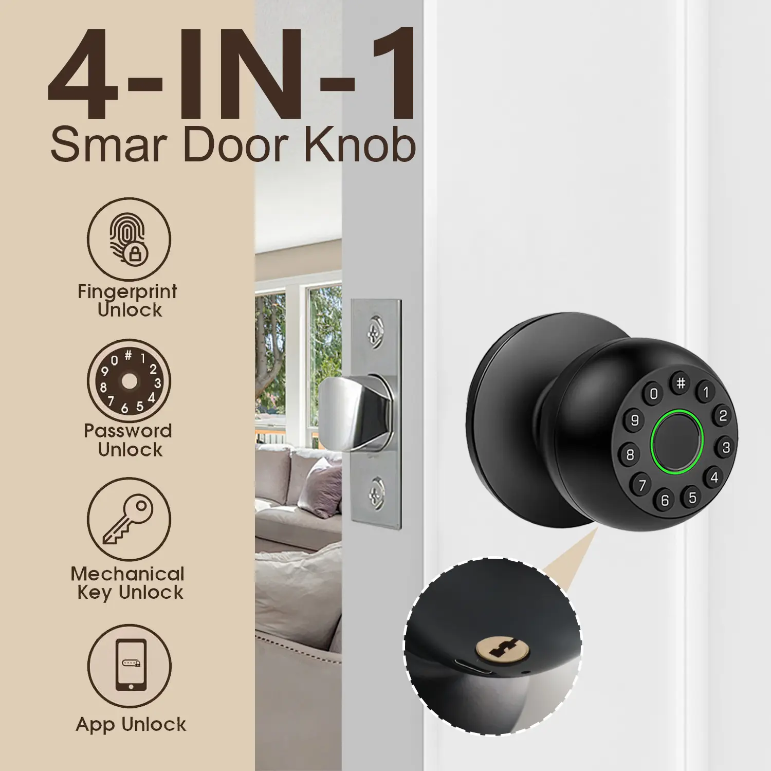 Smart Fingerprint Door Knob Lock - Aluminium, Bluetooth Biometric Keyless Entry, Thumbprint Keypad Cipher, Mute Mode, Convenient Management, Access History Log, Batteries Built-In for Home Interior Doors, Smart Home Gadgets