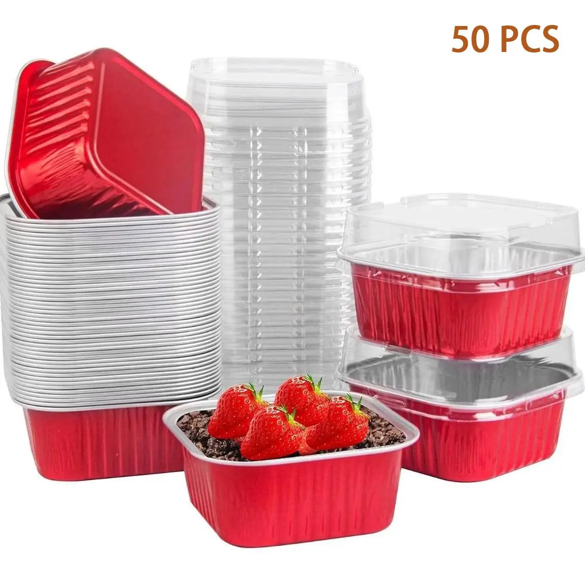 50Pack 5oz Mini Cake Pans with Lids Baking Cups Aluminum Foil Pans Tins, Individual Dessert Cups Containers for Sales,Party,Picnics, Bakeware Baking Supplies