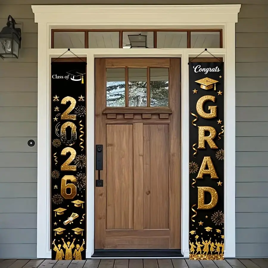 【graduation2026】2026 Graduation Season Banner, Celebrating Graduation, Black and Gold Graduation Season Porch Banner, Material. Festival decorations, family gatherings, graduation season decorations. 180x30cm