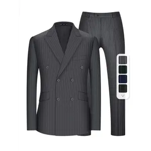 2pcs Men's Formal Suit, Striped Double-breasted Lapel Suit Jacket With Pockets & Striped Trousers, Dress Suit For Business Dinner Wedding Party Menswear Sleeve Menswear Sleeve Collar Pants Collar Pants Collar Pants Collar Pants Collar Pants Collar Pants