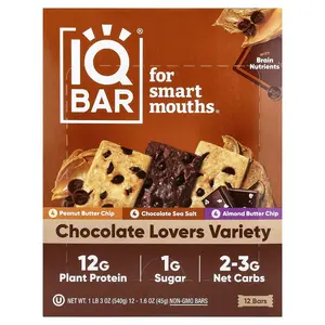 IQBAR Plant Protein Bars, Chocolate Lovers Variety, 12 Bars, 1.6 oz (45 g) Each