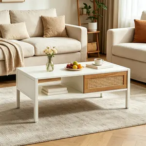 White Rattan Coffee Table with Sliding Storage Door Metal Legs Modern Living Room Table