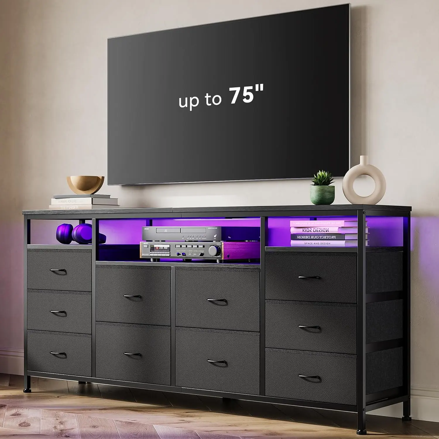 63.3 in 10-Drawer Fabric Dresser - Sturdy Stable TV Stand for 65/70/75 in TVs, Metal Frame Lightweight Apartment & House Furniture with USB Ports, LED Lighting, Power Outlets