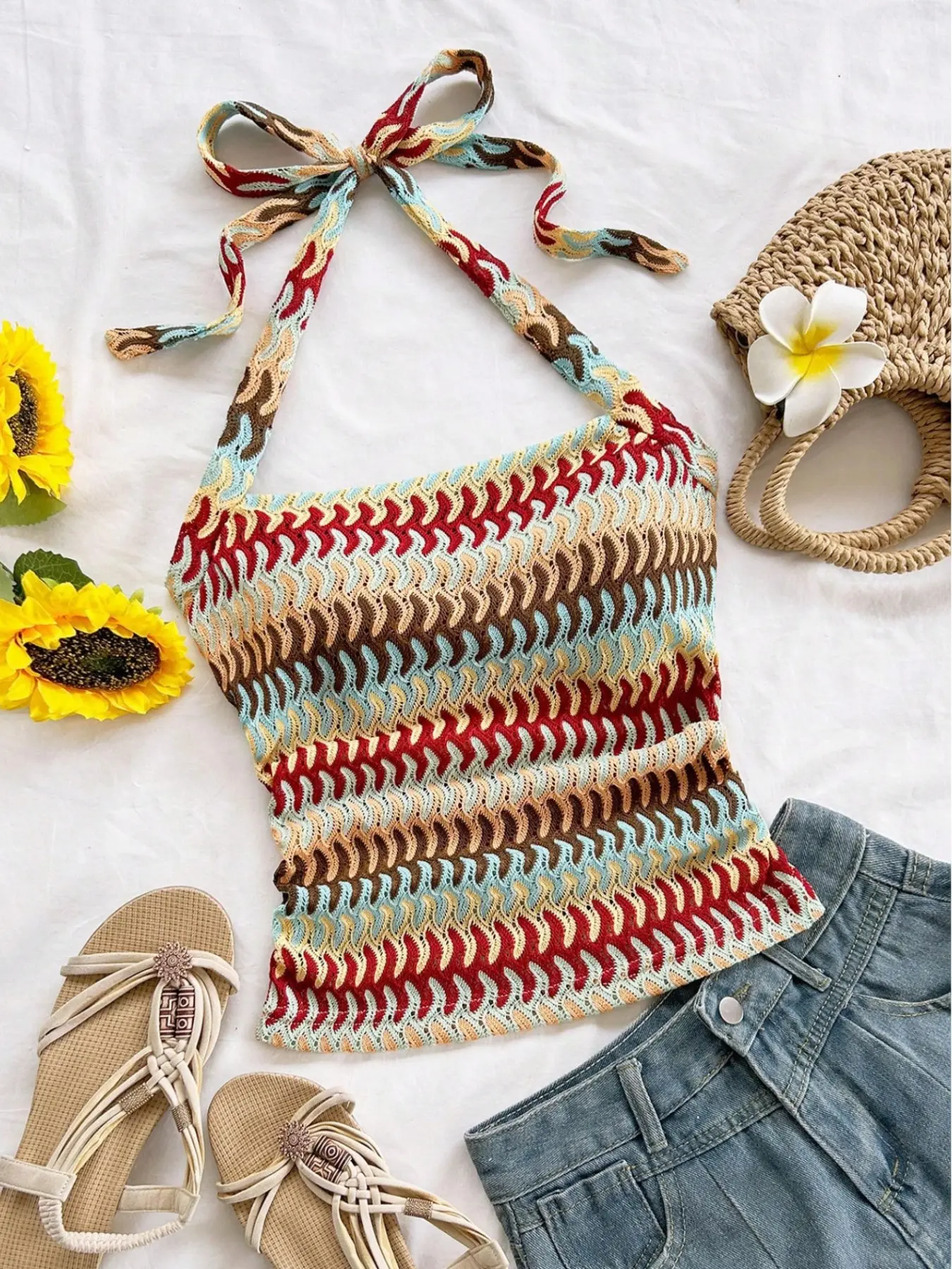 Bohemian Striped Crochet Halter Top for Women, Adjustable Tie Neck Knit Cropped Sleeveless Cami, Sleeveless Backless Summer Tank, Y2K Coquette Streetwear, Casual Beachwear Vacation Top, Boho