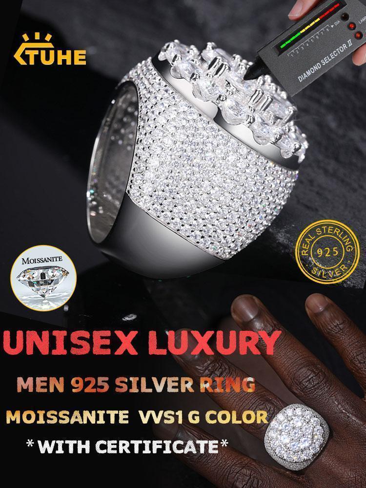 TUHE Unisex luxury Men 925 Silver Ring Moissanite Stone Iced Out Couple Rings For Men Hip Hop Jewelry Gifts