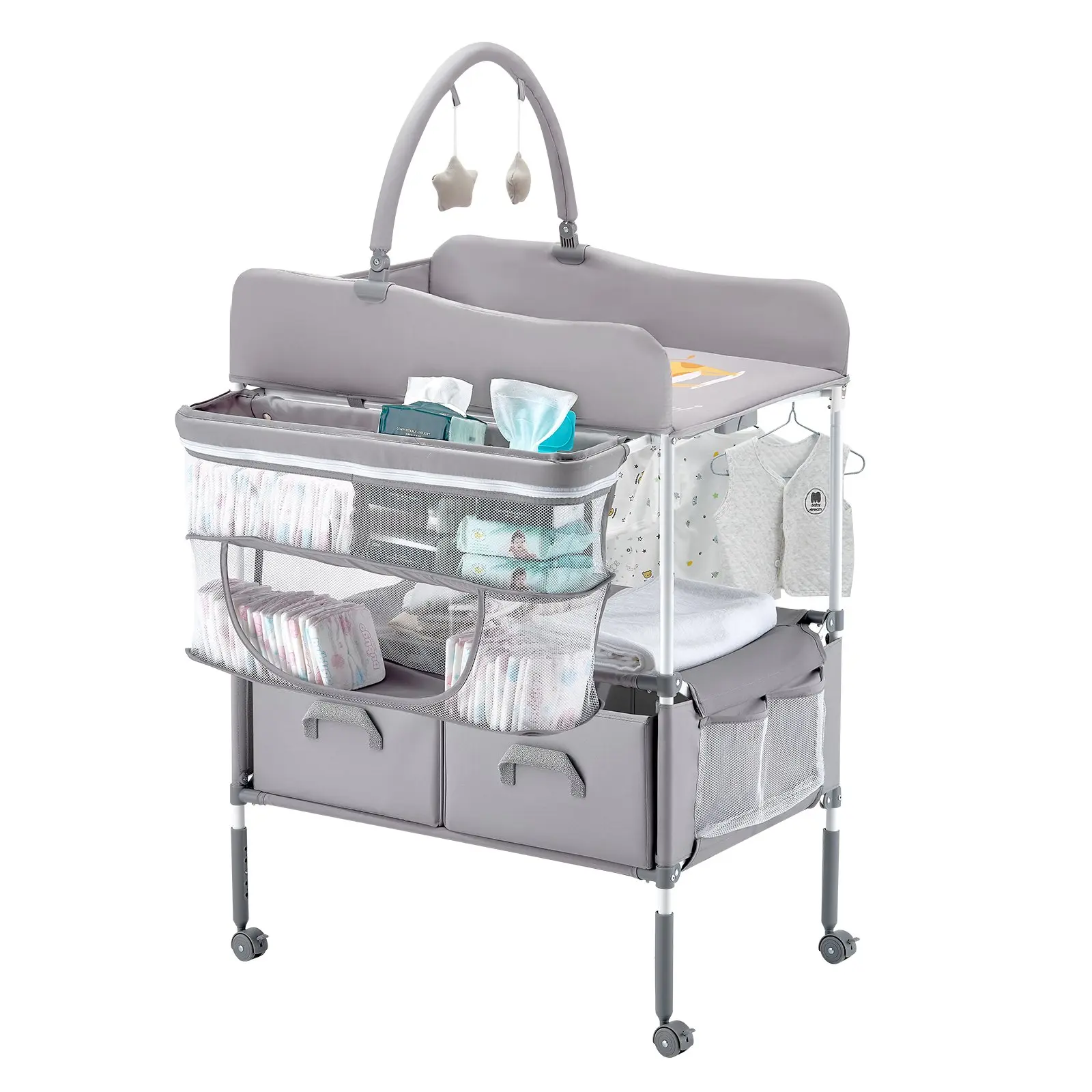 【Summerfinds】VEVOR Light Gray Foldable Nursery Baby Changing Table - Portable Adjustable-Height Infant Diaper Station with Oxford Fabric, 2 Drawers, Side Basket, Hanging Rod, 360-Degree Lockable Wheels, Durable Storage, 2 Star Toys