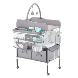 VEVOR Baby Changing Table, Foldable Diaper Change Station with 2 Fabric Drawers, Side Basket & Hanging Rod, Adjustable Height Portable Changing Table with Lockable Wheels & 2 Star Toys, Light Gray