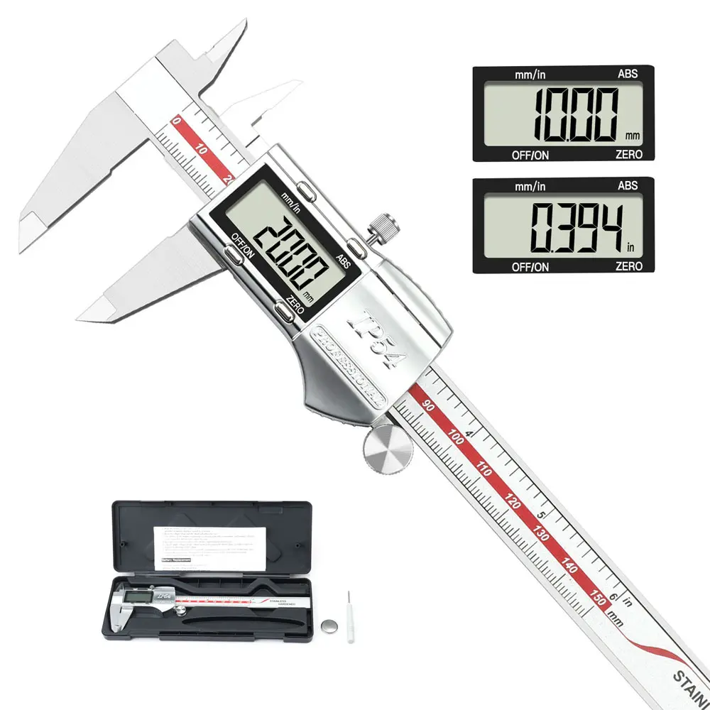 Digital Vernier Calipers Measuring Tool - All Stainless Steel, 0-6 inch Range, IP54 Waterproof, Wear-Resistant, Rustproof, LED Display, 0.01 mm Precision, Inch/mm Switch, High-Precision Sensor, 1-Click Reset, Data Retention, for Home & Industrial Use