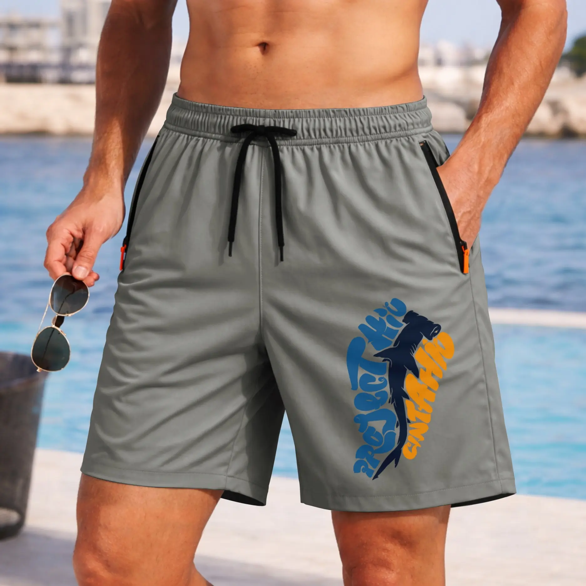 Men’s Shark Fishing Shorts Lightweight Quick Dry Athletic Running Shorts – Saltwater Fishing Graphic Shorts with Zipper Pockets, Elastic Waist Drawstring, Breathable Gym Workout Shorts for Beach, Sport, Outdoor