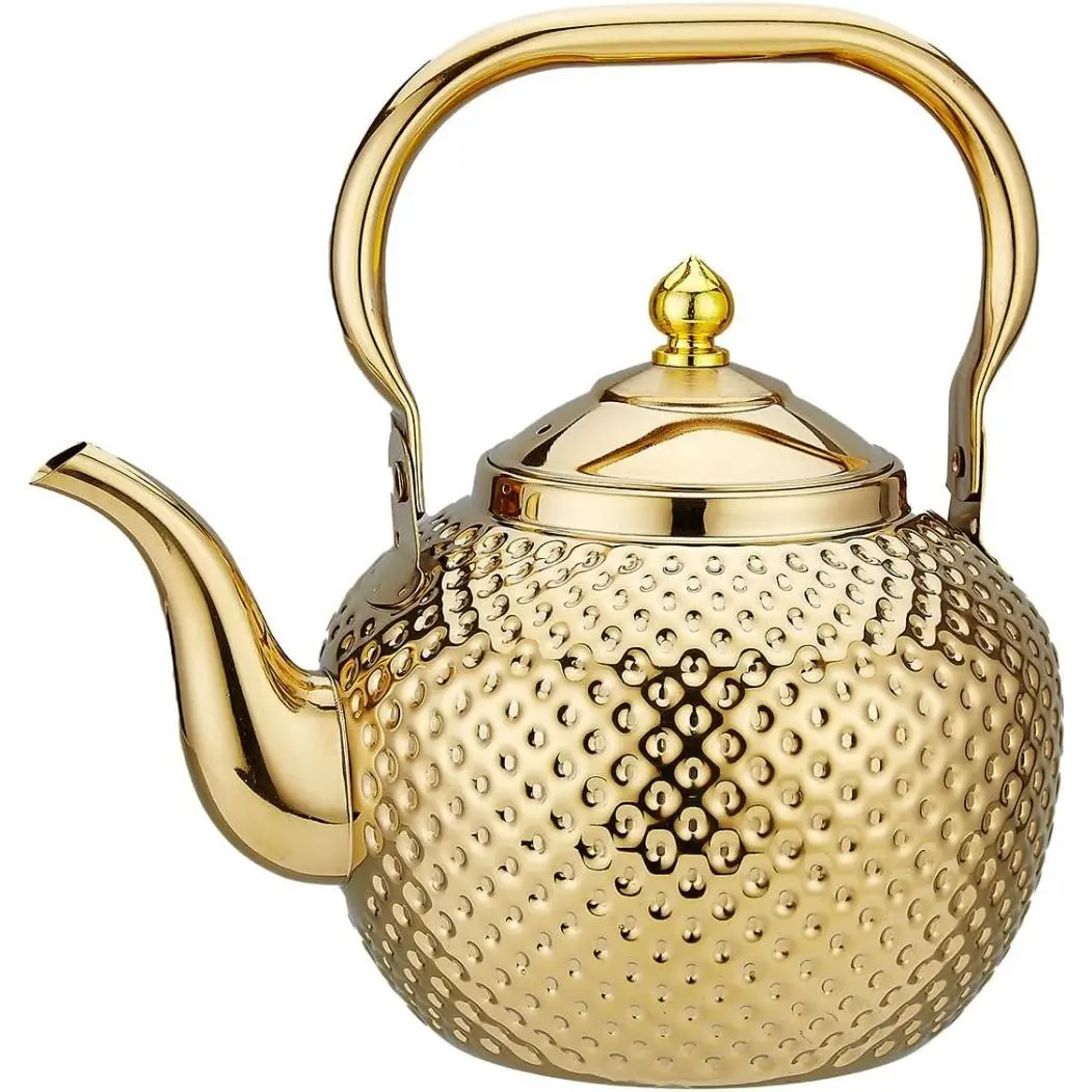 SANQIAHOME 1200ml-2000ml Stainless Steel Loose Leaf Teapot with Infuser & Lifting Handle - Stove-Safe, Induction/Gas Compatible Water Kettle, Gold or Silver Finish for Tea Time, Loose Leaf Tea Pot