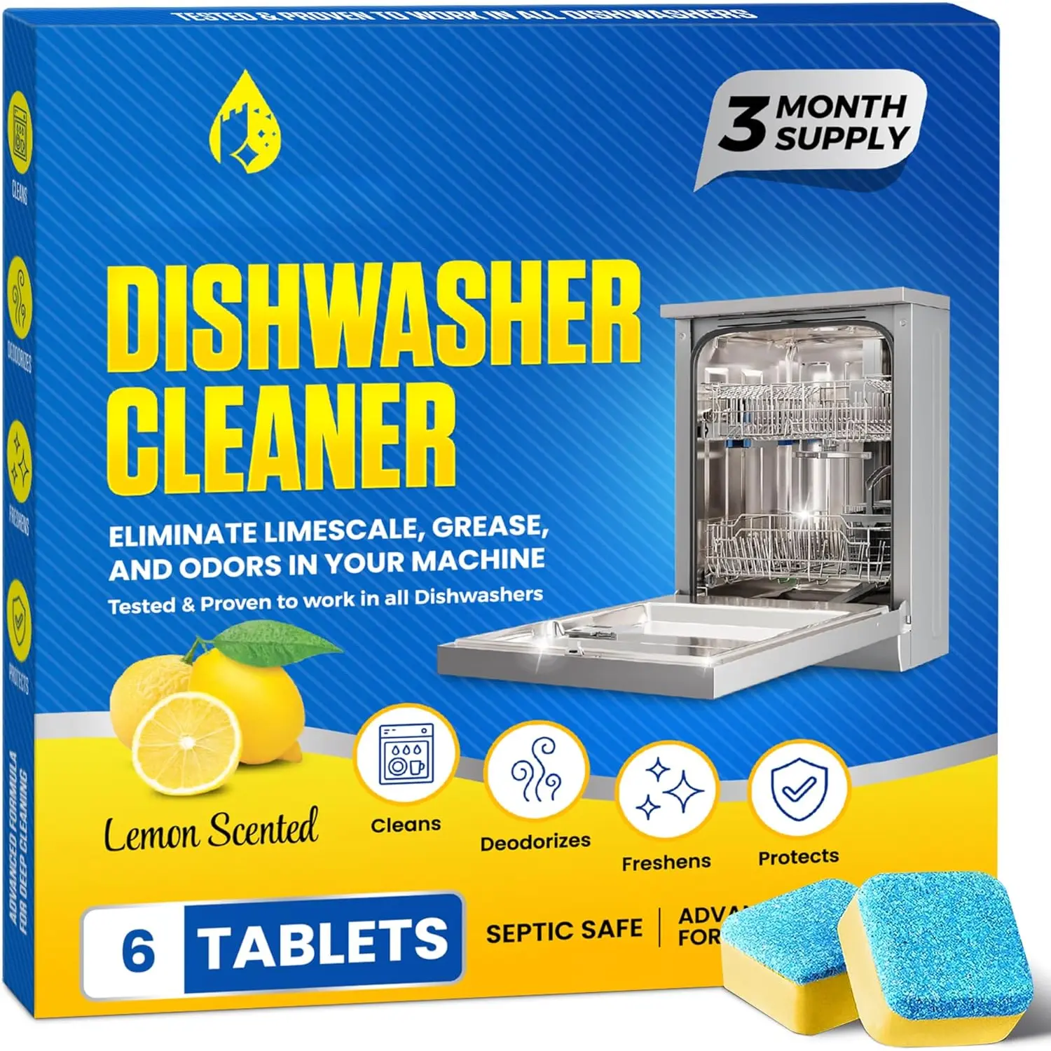 Dishwasher Cleaner Tablets, Lemon Scent, 3-Month  (6 Pods),  Cleaning & Odor Removal, Descaling Tablets