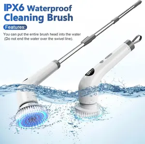 spin scrubber electric cleaning brush, cordless cleaning brush with LED display, 2-speed electric scrubbing brush with 7 interchangeable brush heads for bathrooms, floors, cars, tiles, with adjustable and removable long handle