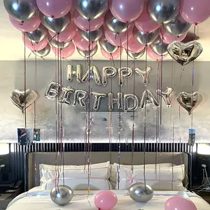 Pink 56pcs Princess Birthday Balloon Set, 16" "Happy Birthday" Banner, 18" Silvery Aluminum Love Heart Includes Metallic Balloons + Pink Latex Balloons, Suitable for Birthday Party Room Decoration, Balloon Party Supplies